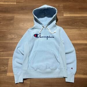 Vintage‎ Champion Reverse Weave Hoodie Light Blue Embroidered Logo – Size Medium